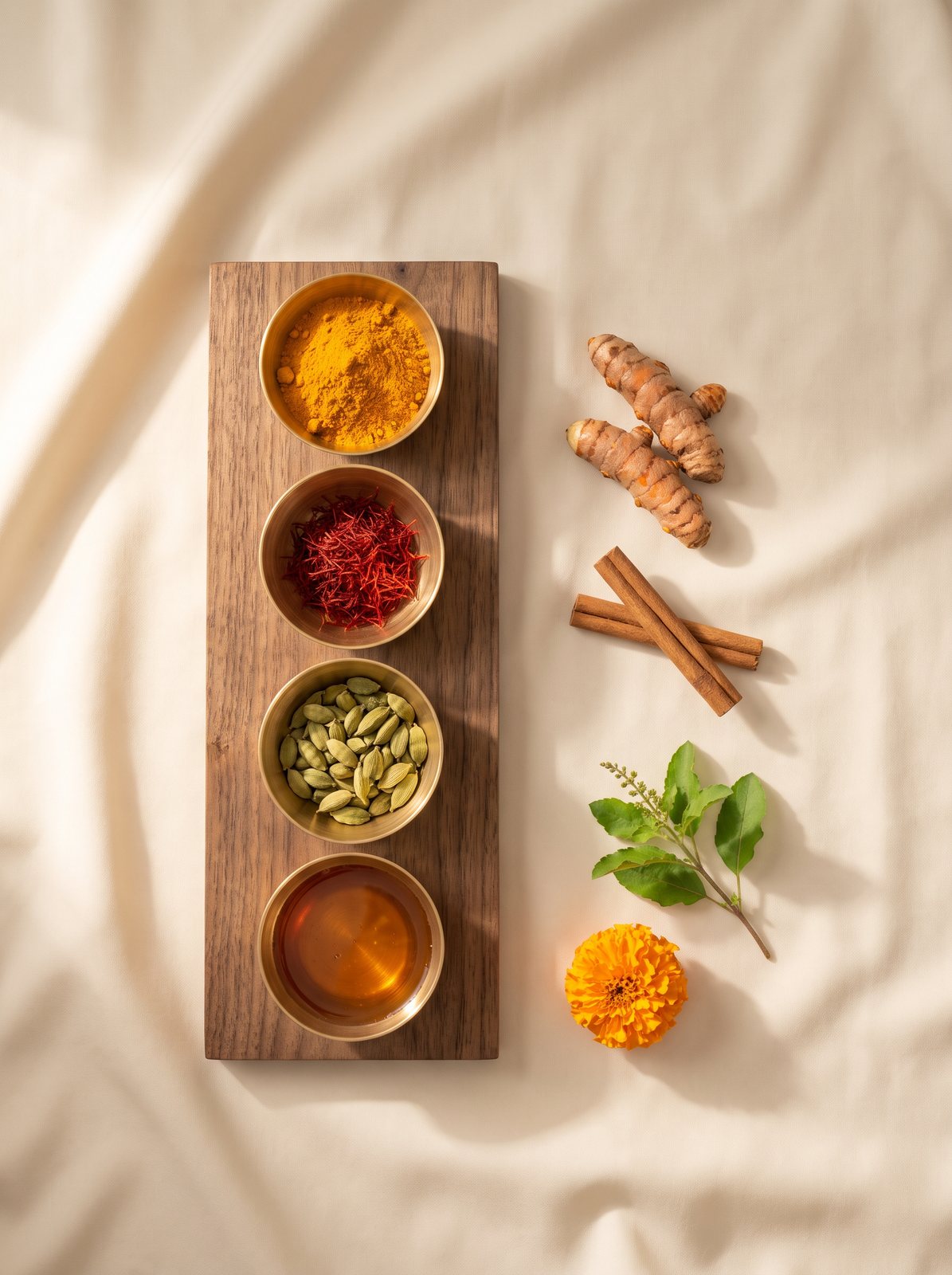 Ayurvedic herbs and spices in small brass bowls on cream linen: turmeric, saffron, cardamom and honey, with turmeric root, cinnamon, tulsi and a marigold