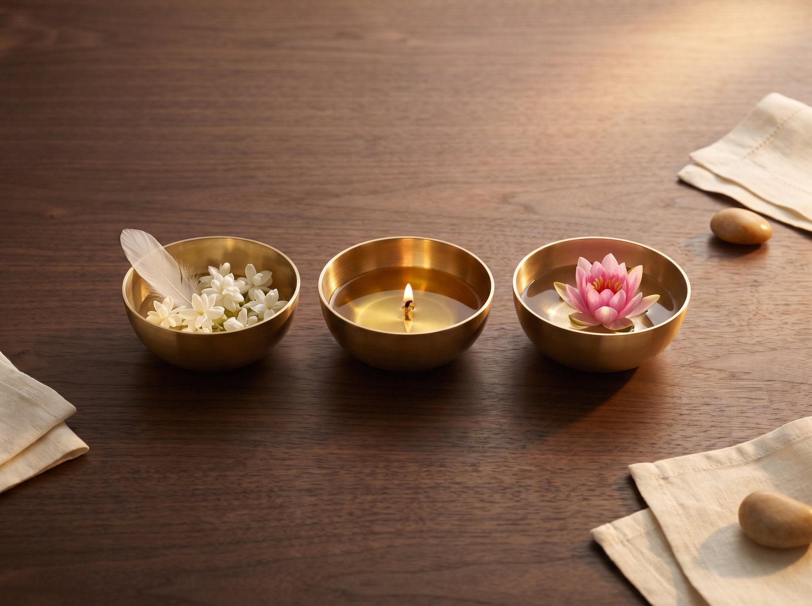 Three brass bowls for the three doshas: jasmine and a feather, a flame in golden oil, and a lotus on water