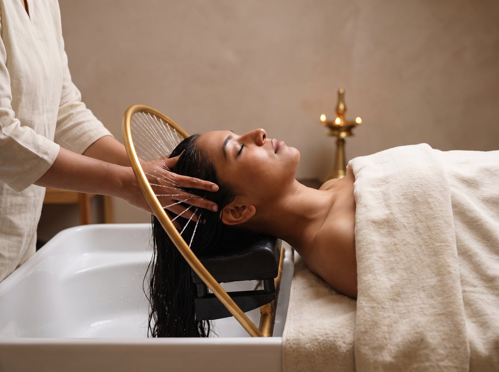 Korean-style head spa: a woman reclined over a basin as fine threads of water fall from a gold halo ring onto her hair and her scalp is massaged