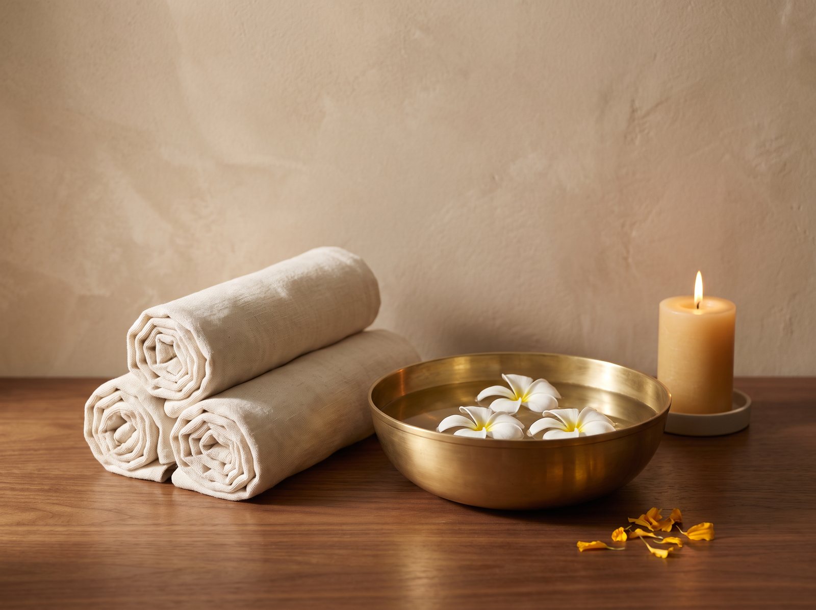 Rolled cream towels, a brass bowl of floating frangipani flowers and a lit candle