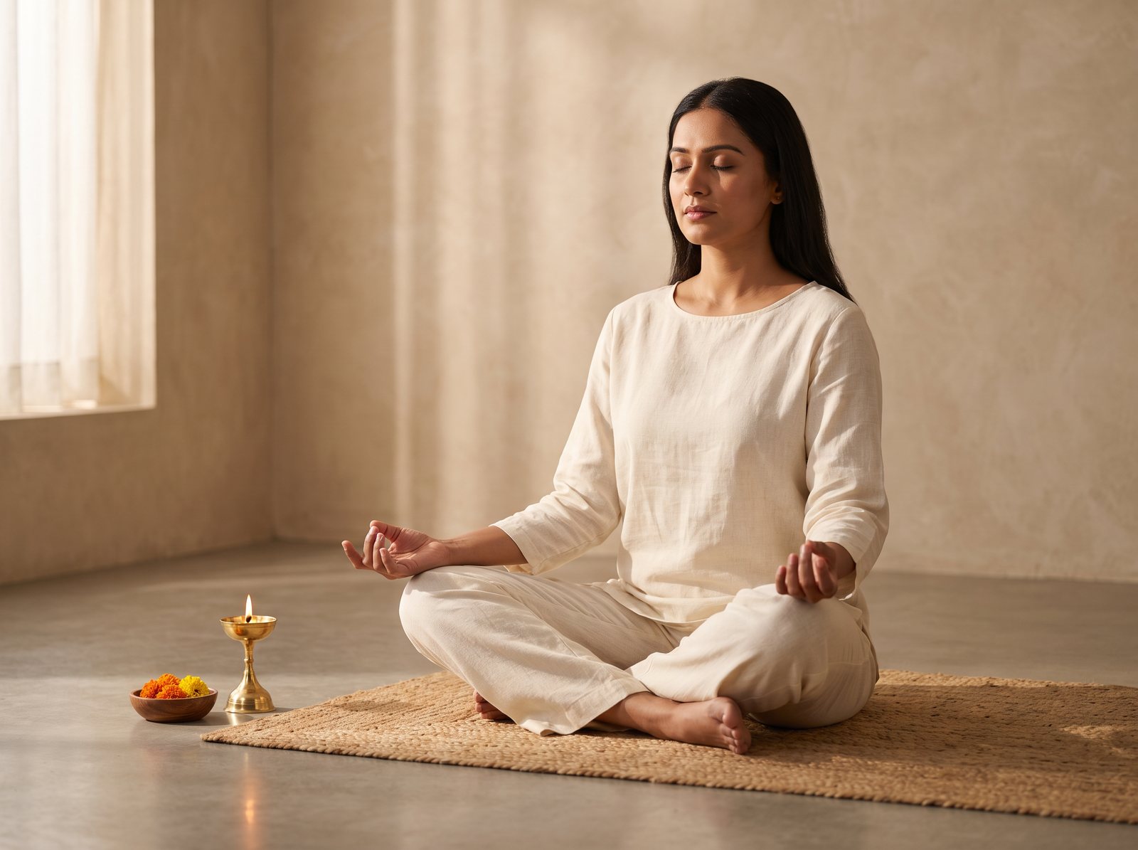 A woman in cream linen meditating cross-legged on a woven mat in soft morning light, a brass lamp beside her